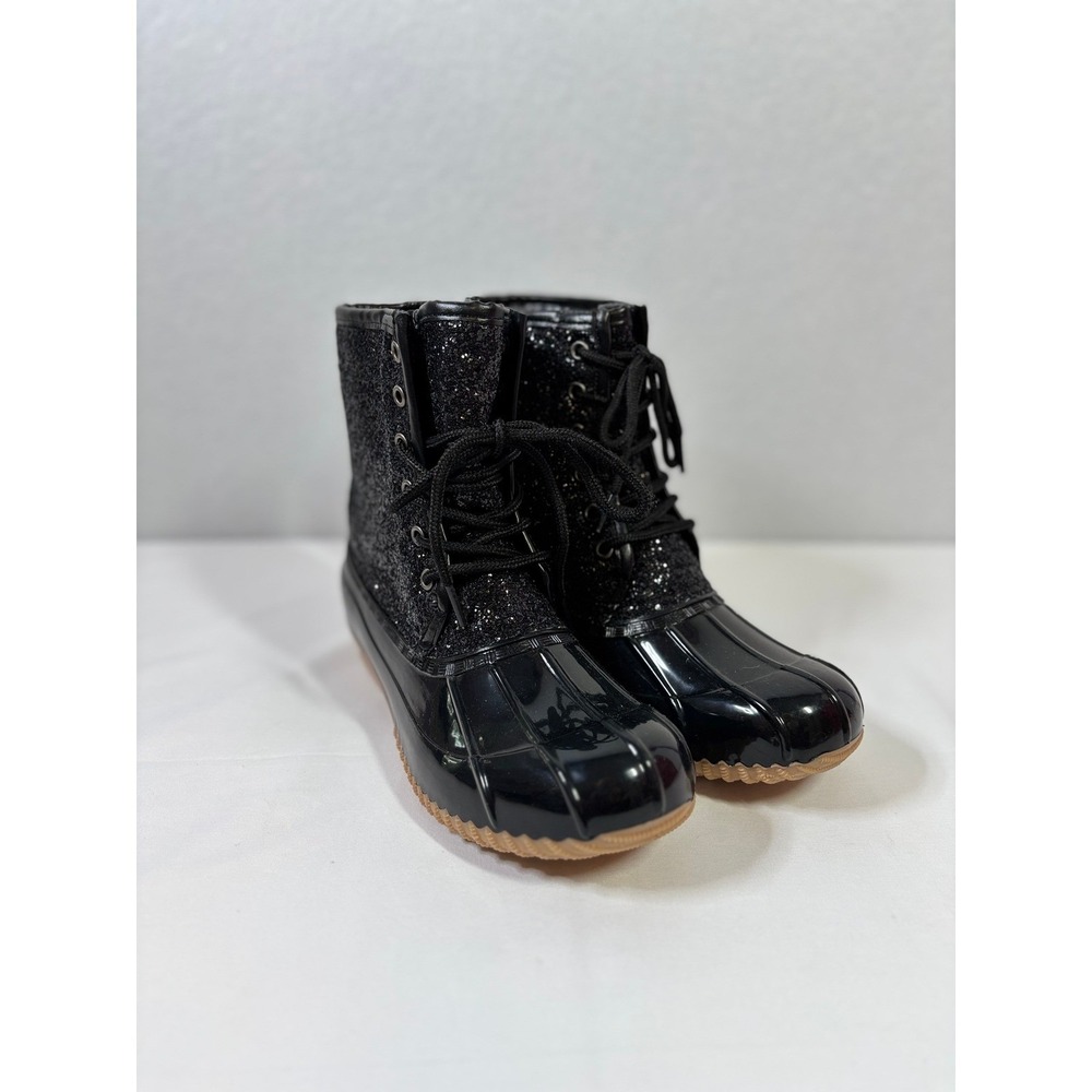 Sugar Skipper Women's Sz 7 Black Glitter Duck Rain Boots Lace Up Waterproof NWOB